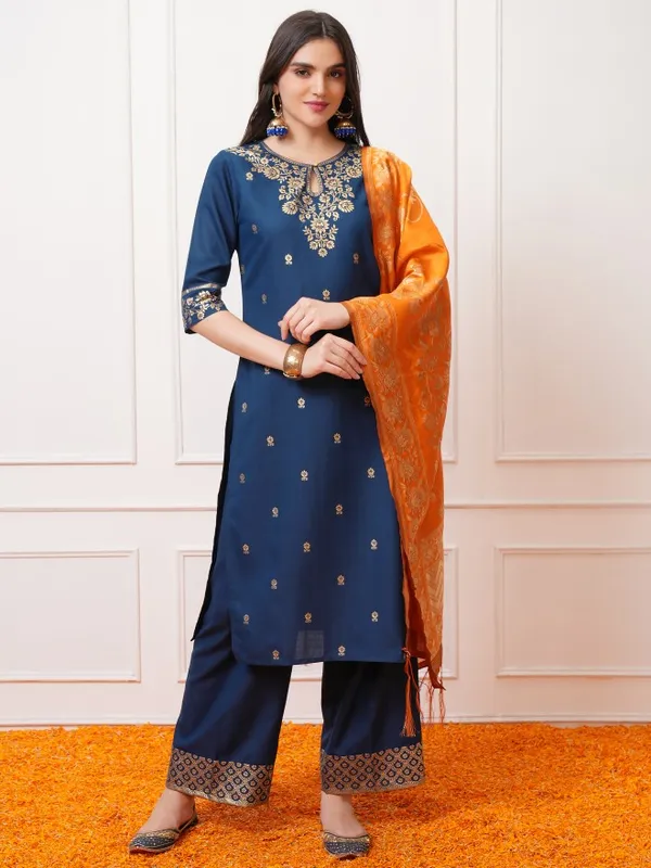 Vishudh Women Teal Printed Kurta With Palazzos And Dupatta