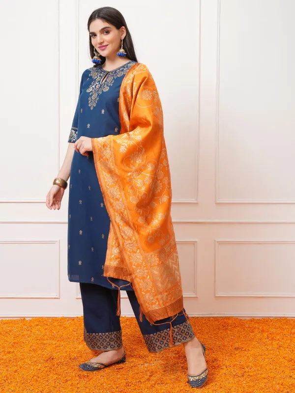 Vishudh Women Teal Printed Kurta With Palazzos And Dupatta