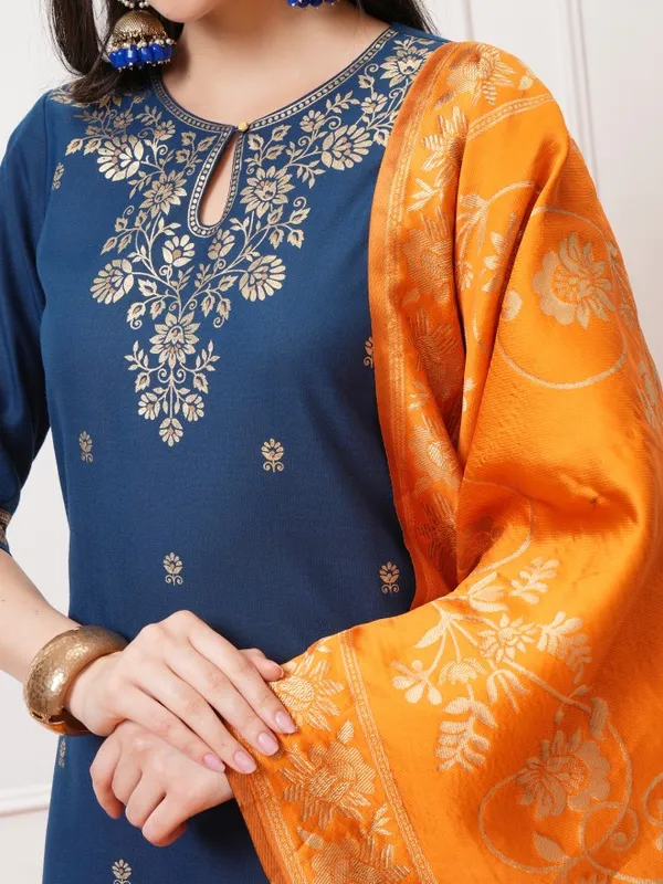 Vishudh Women Teal Printed Kurta With Palazzos And Dupatta