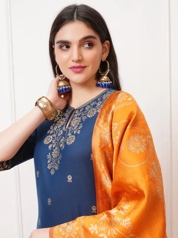 Vishudh Women Teal Printed Kurta With Palazzos And Dupatta