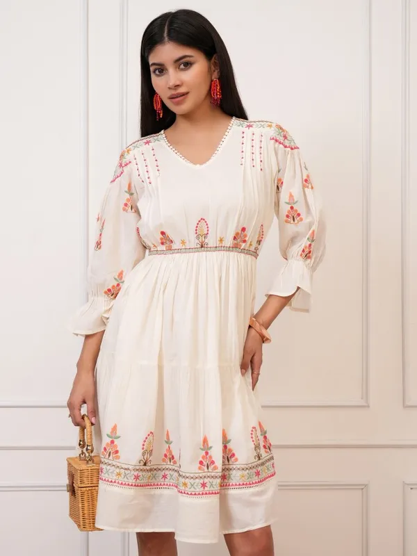 Vishudh Women White Embroidered Fit And Flare Dress