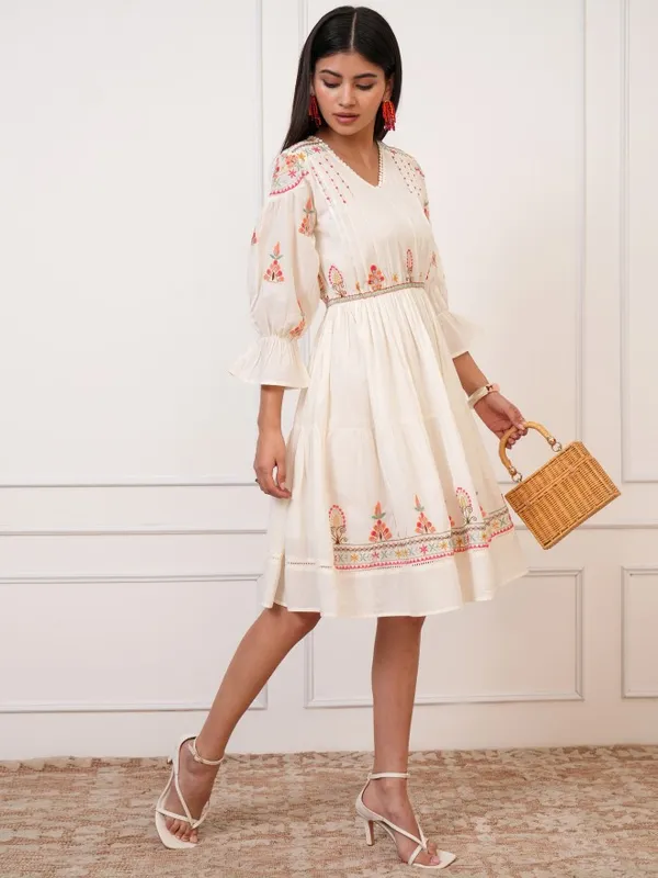 Vishudh Women White Embroidered Fit And Flare Dress