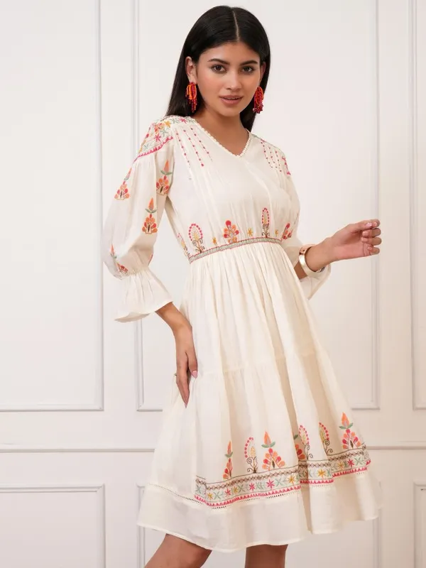 Vishudh Women White Embroidered Fit And Flare Dress