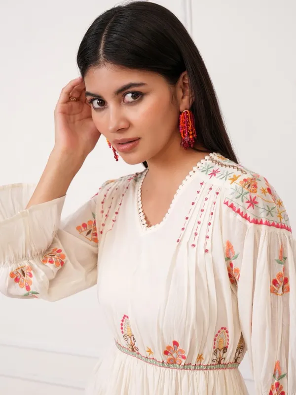 Vishudh Women White Embroidered Fit And Flare Dress