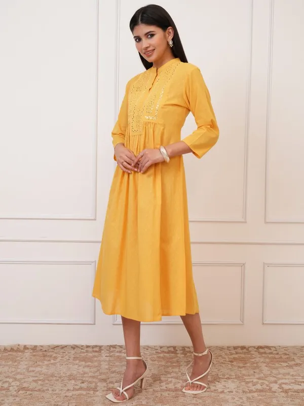  Vishudh Women Yellow Embroidered Fit And Flare Dresses
