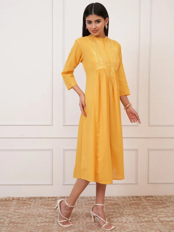  Vishudh Women Yellow Embroidered Fit And Flare Dresses