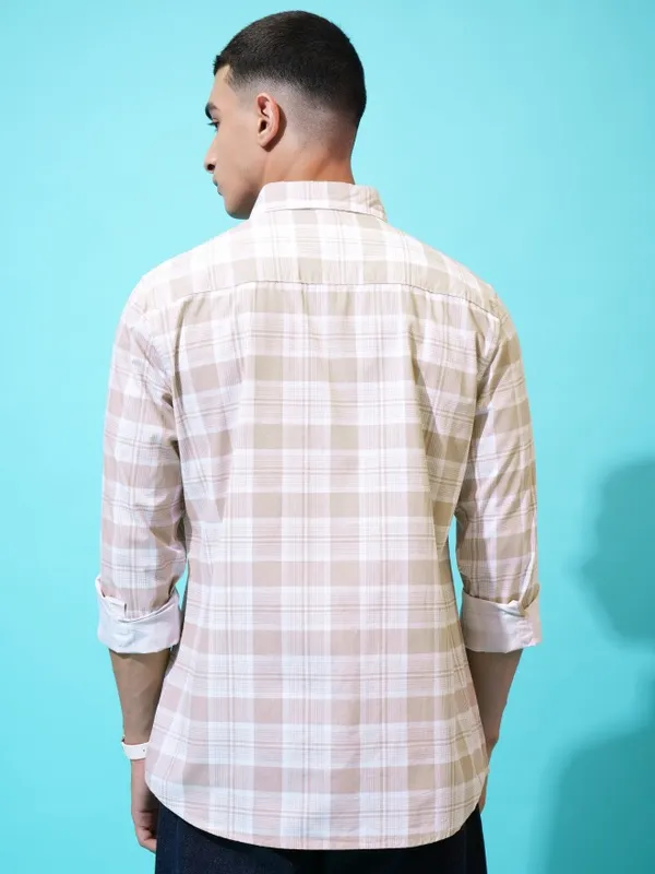 Highlander Men Beige Checked Slim Fit Casual Shirt
