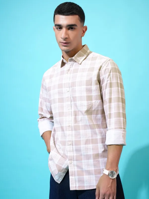 Highlander Men Beige Checked Slim Fit Casual Shirt