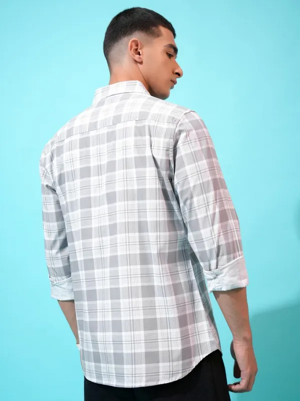 Highlander Men Grey Checked Slim Fit Casual Shirt