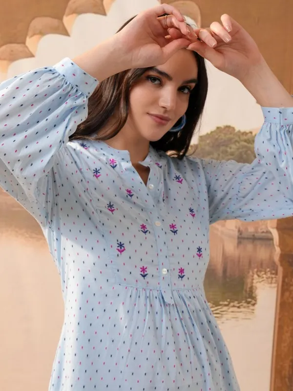 Vishudh Women Blue Embroidered A-Line Dress