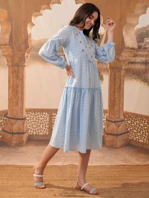 Vishudh Women Blue Embroidered A-Line Dress