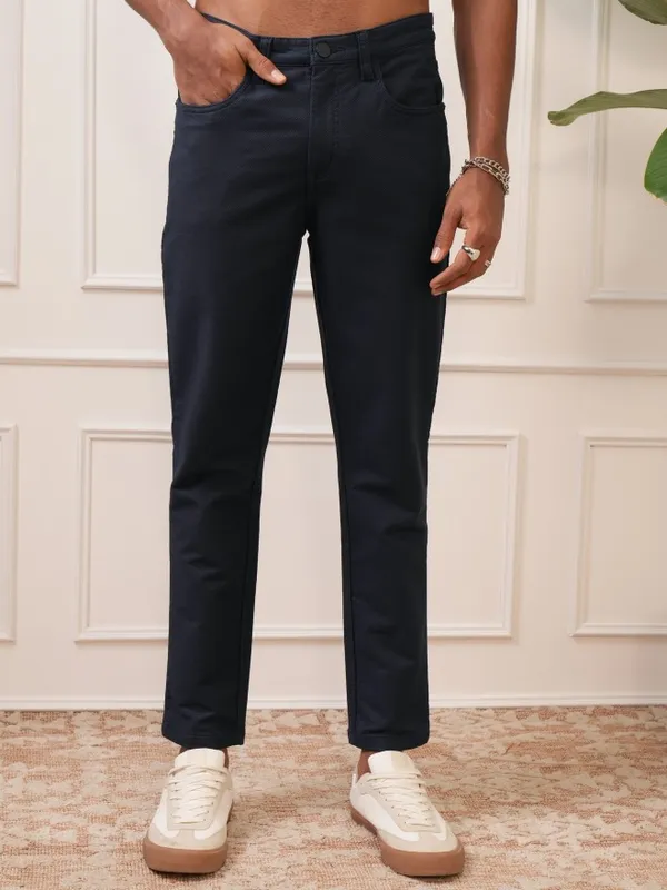  Locomotive Men Navy Blue Tapered Fit Solid Casual Trousers