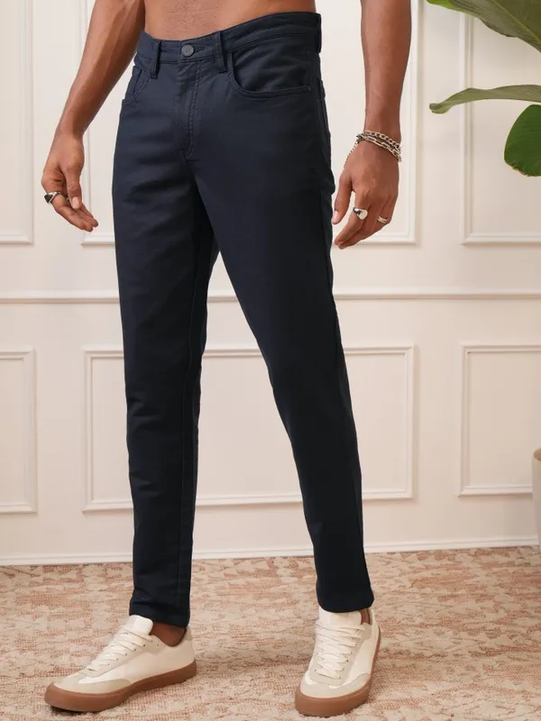  Locomotive Men Navy Blue Tapered Fit Solid Casual Trousers