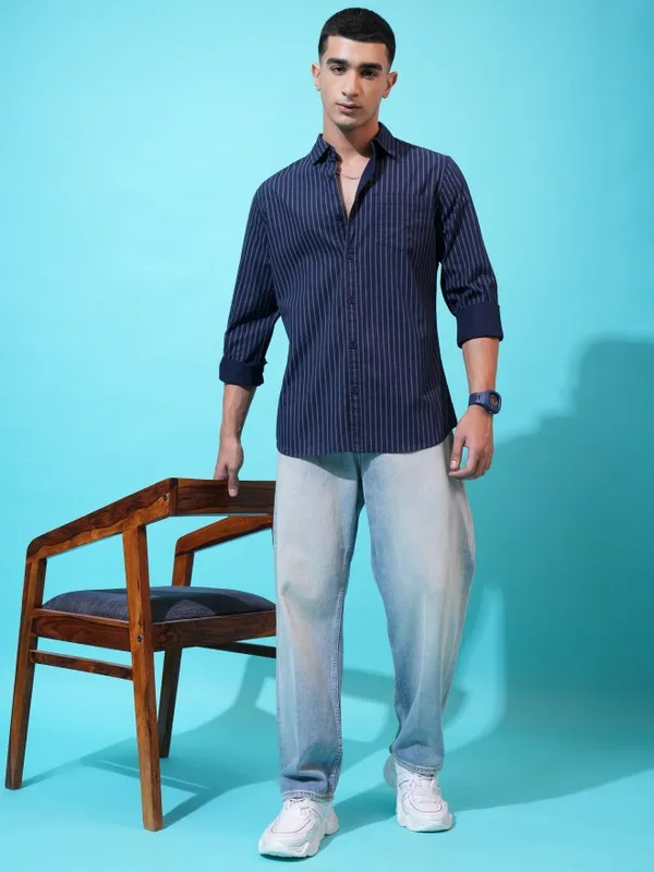 Highlander Men Navy Blue Striped Slim Fit Casual Shirt
