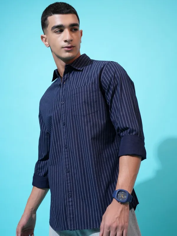 Highlander Men Navy Blue Striped Slim Fit Casual Shirt