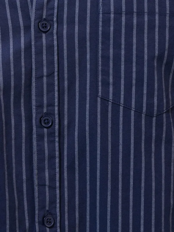 Highlander Men Navy Blue Striped Slim Fit Casual Shirt