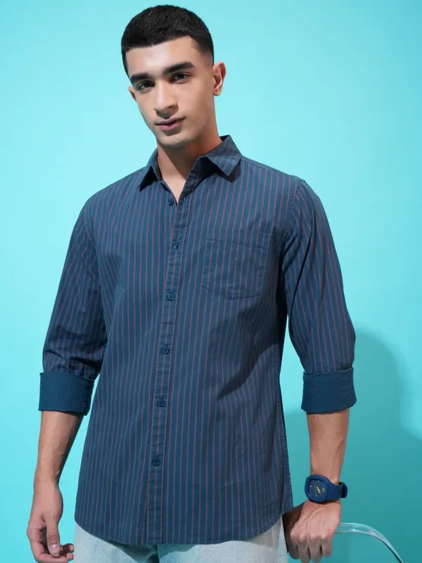 Highlander Men Teal Striped Slim Fit Casual Shirt