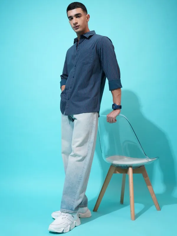 Highlander Men Teal Striped Slim Fit Casual Shirt