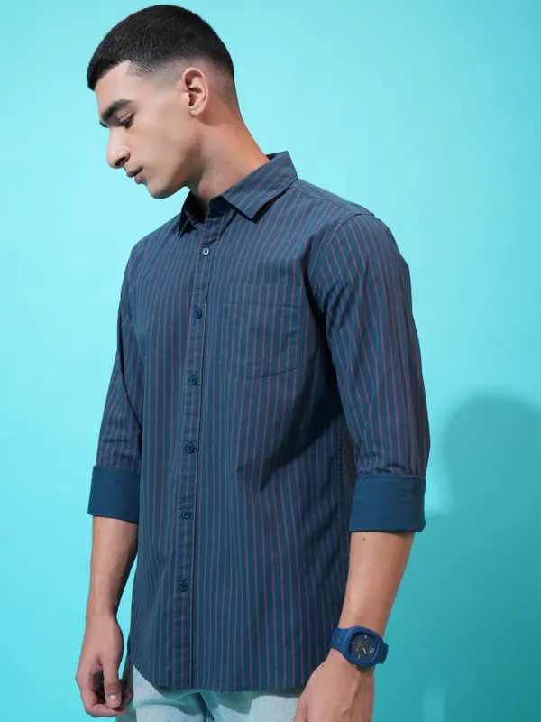 Highlander Men Teal Striped Slim Fit Casual Shirt