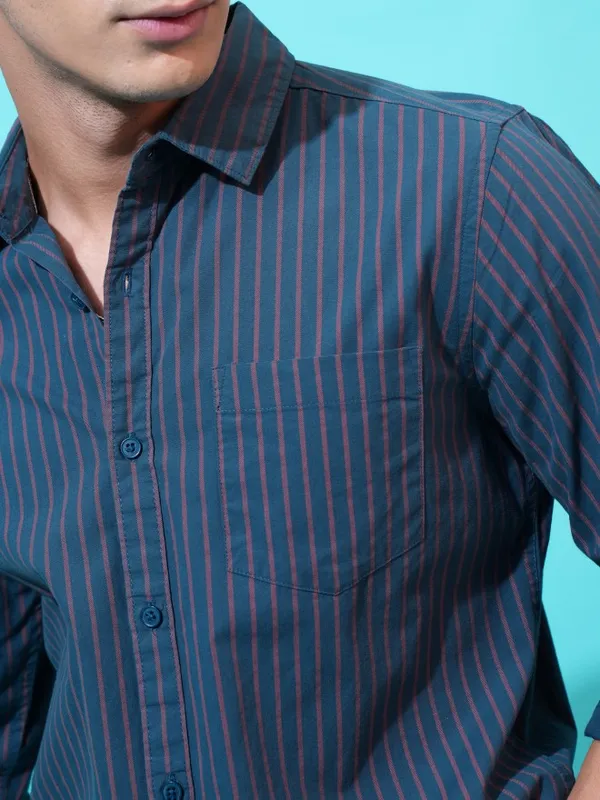 Highlander Men Teal Striped Slim Fit Casual Shirt