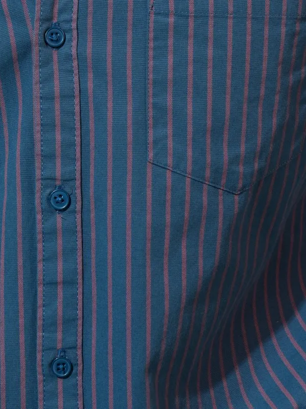 Highlander Men Teal Striped Slim Fit Casual Shirt