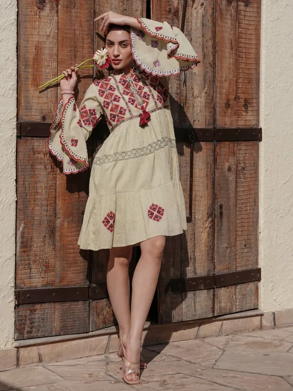 Vishudh Women Beige Embroidered A-Line Dress