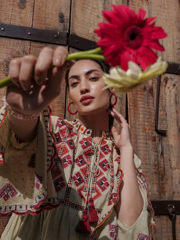 Vishudh Women Beige Embroidered A-Line Dress