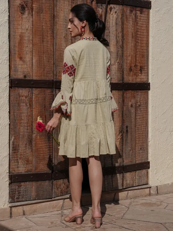 Vishudh Women Beige Embroidered A-Line Dress