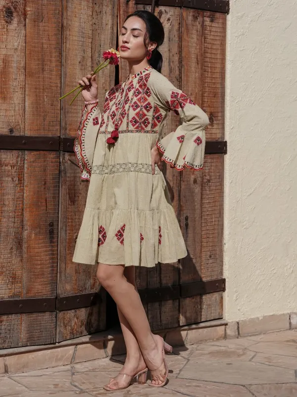 Vishudh Women Beige Embroidered A-Line Dress