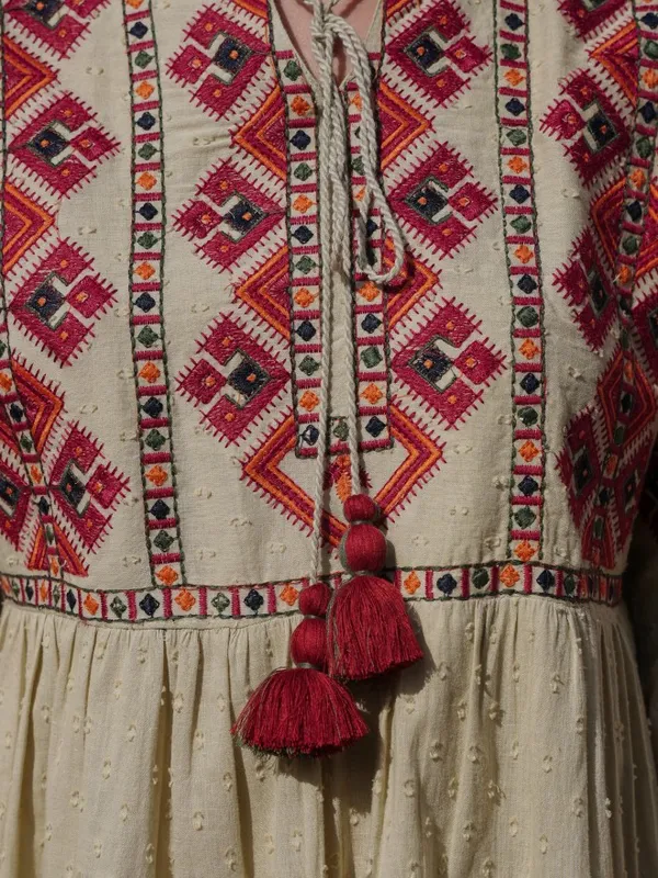 Vishudh Women Beige Embroidered A-Line Dress