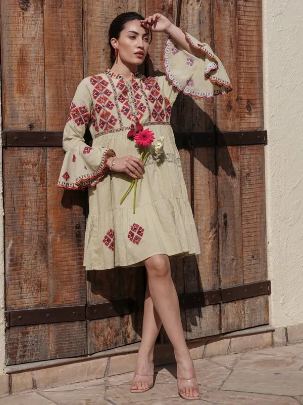Vishudh Women Beige Embroidered A-Line Dress