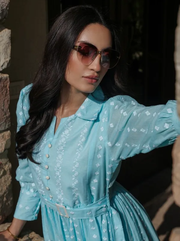 Vishudh Women Blue Embroidered A-Line Dress