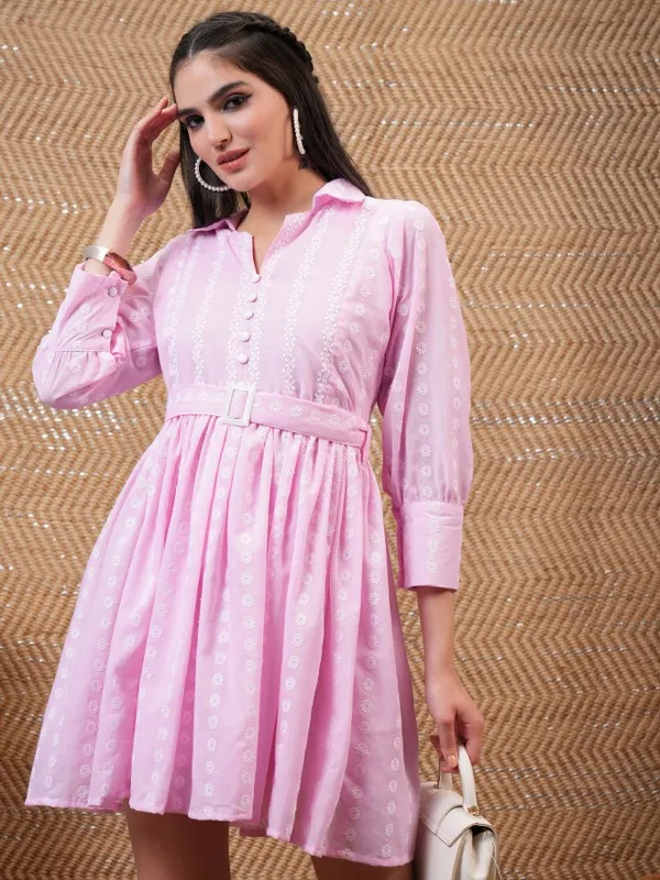 Vishudh Women Pink Embroidered Shirt Dress