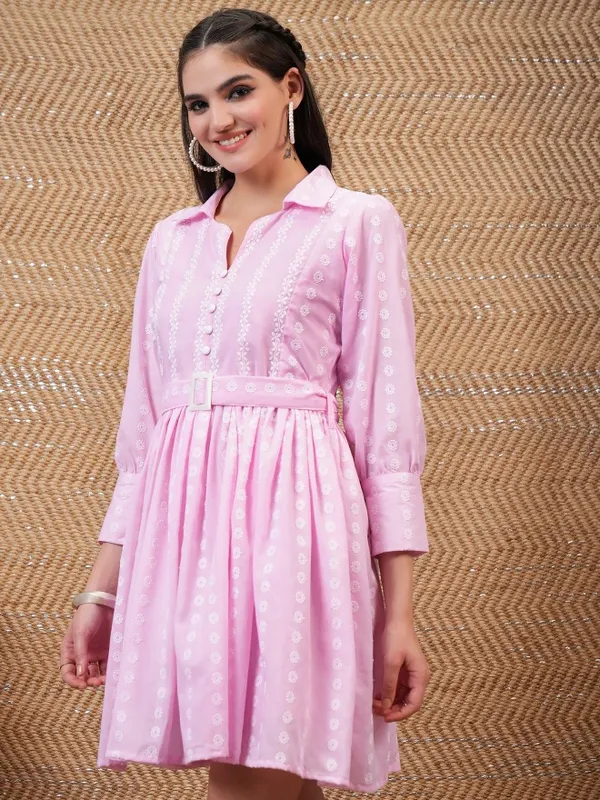 Vishudh Women Pink Embroidered Shirt Dress
