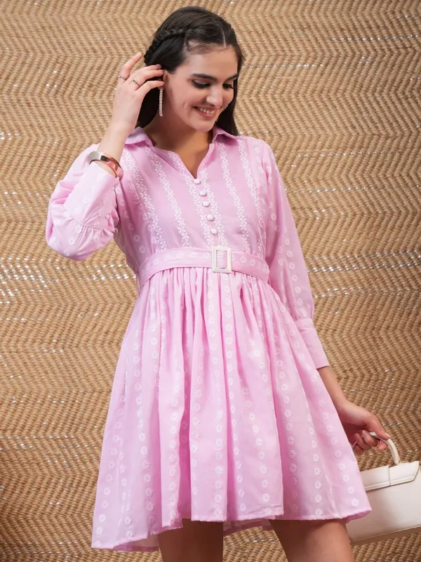 Vishudh Women Pink Embroidered Shirt Dress