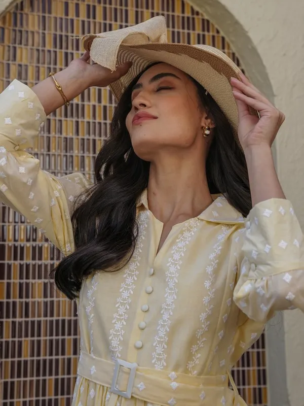 Vishudh Women Yellow Embroidered A-Line Dress