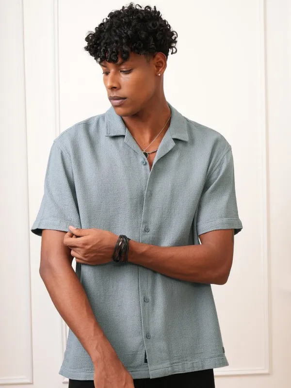  Locomotive Men Blue Self Design Regular Fit Casual Shirts
