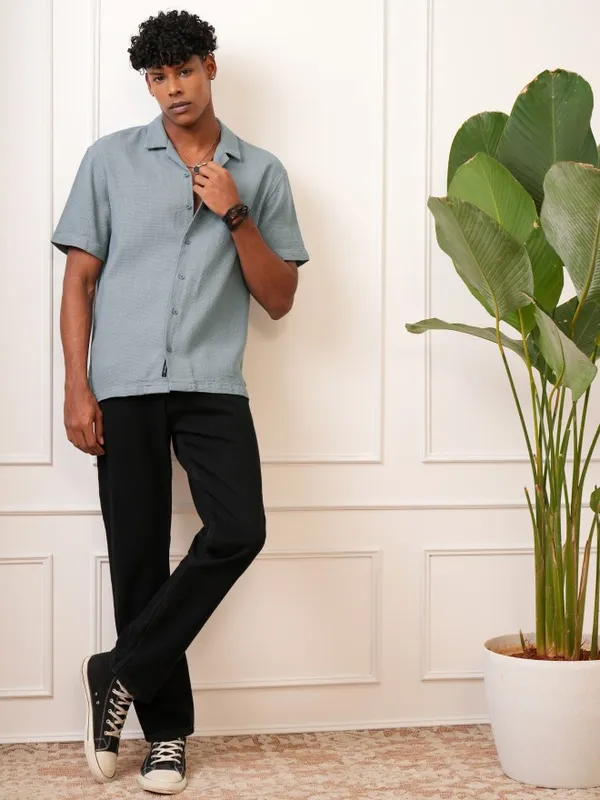  Locomotive Men Blue Self Design Regular Fit Casual Shirts