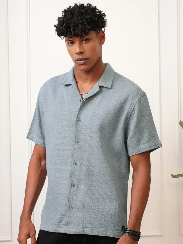  Locomotive Men Blue Self Design Regular Fit Casual Shirts