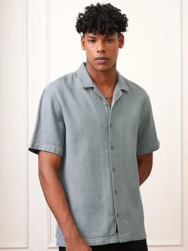  Locomotive Men Blue Self Design Regular Fit Casual Shirts