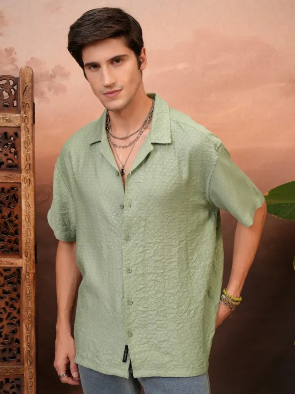 Locomotive Men Green Self Design Relaxed Fit Casual Shirt