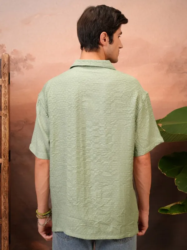 Locomotive Men Green Self Design Relaxed Fit Casual Shirt