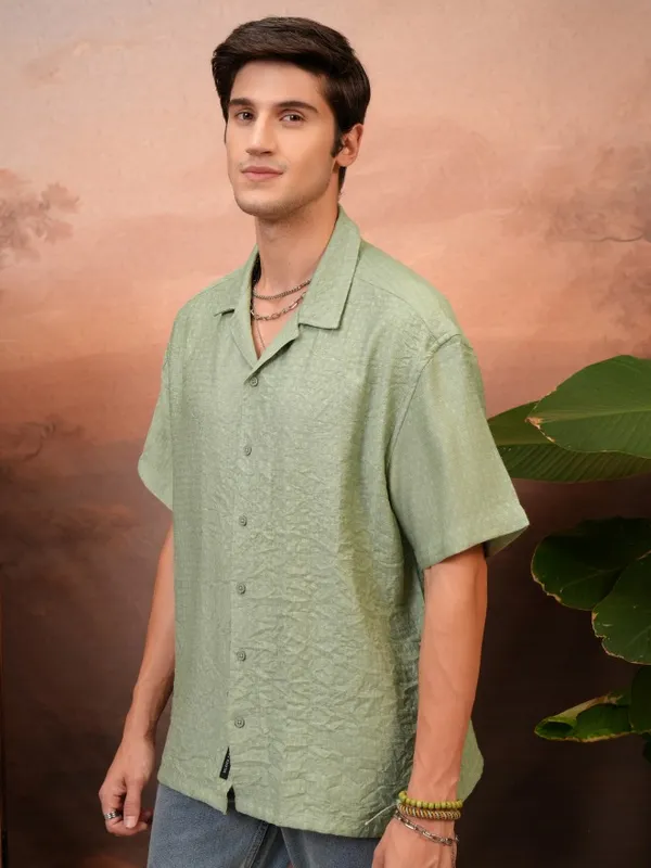 Locomotive Men Green Self Design Relaxed Fit Casual Shirt