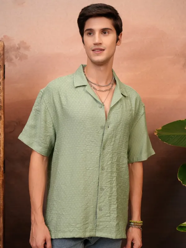 Locomotive Men Green Self Design Relaxed Fit Casual Shirt
