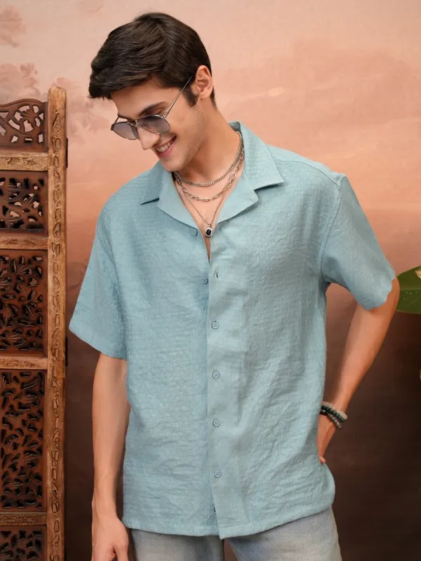 Locomotive Men Teal Self Design Relaxed Fit Casual Shirt