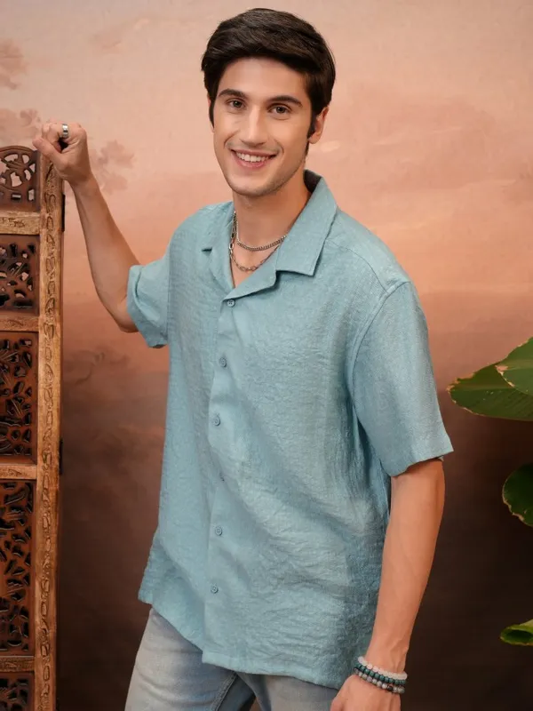 Locomotive Men Teal Self Design Relaxed Fit Casual Shirt