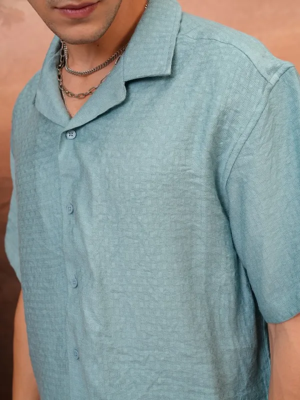 Locomotive Men Teal Self Design Relaxed Fit Casual Shirt