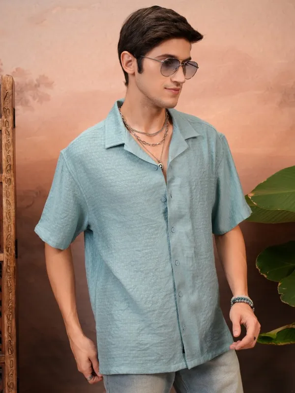 Locomotive Men Teal Self Design Relaxed Fit Casual Shirt