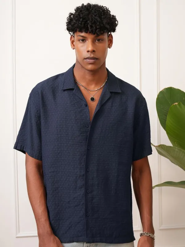  Locomotive Men Navy Blue Self Design Regular Fit Casual Shirts