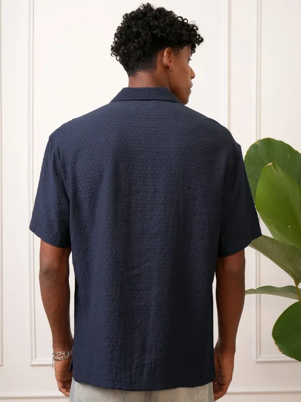  Locomotive Men Navy Blue Self Design Regular Fit Casual Shirts